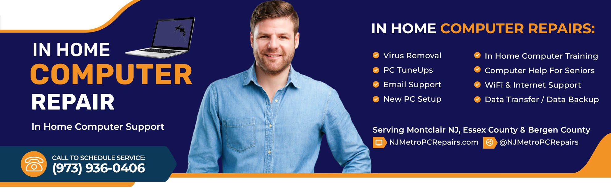 In Home Computer Repair Banner Image with Confident Smiling Computer Technician And A List Of In Home Computer Services Offered